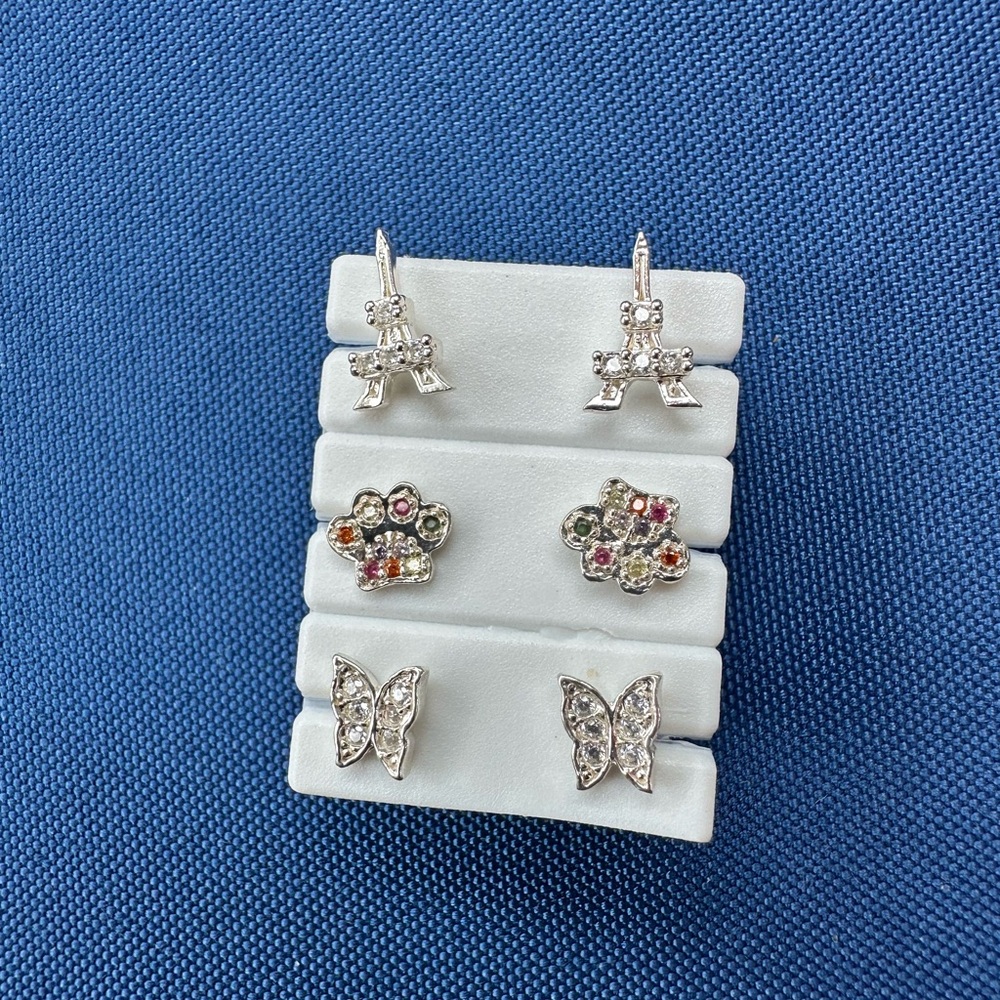 925 Italy Sterling Silver and Multicolor Stud Earring Set 3 pairs